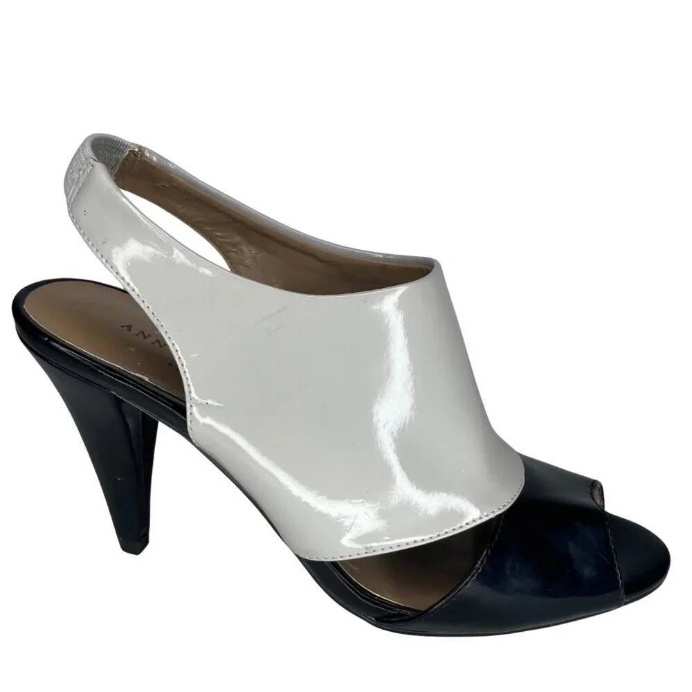 ANN TAYLOR Whimsigoth Mod Patent Colorblock Peep Toe Slingback Sandals Heels 6M